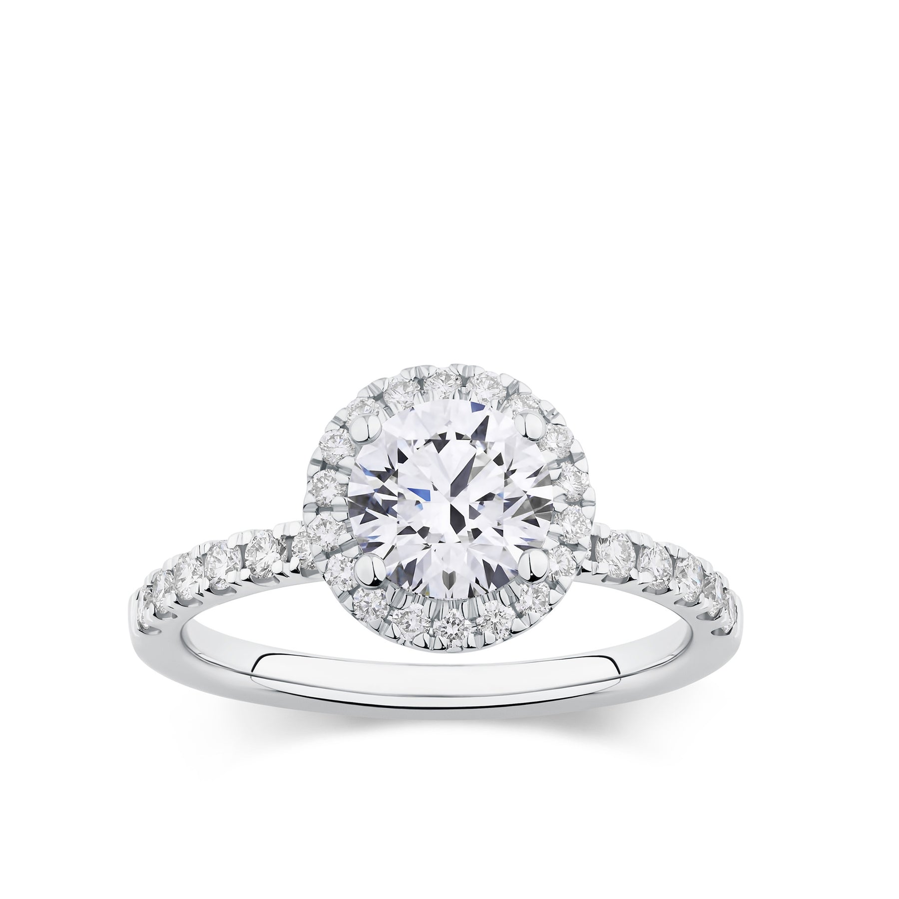 Everlasting 1.79ct TW Round Brilliant Lab Grown Diamond Classic Halo Pave Band Engagement Ring in 18ct White Gold
