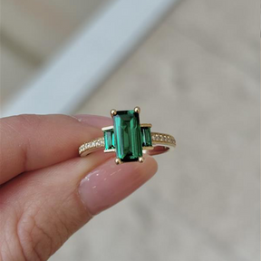 Created Emerald & Diamond Trilogy Ring in 9ct Yellow Gold