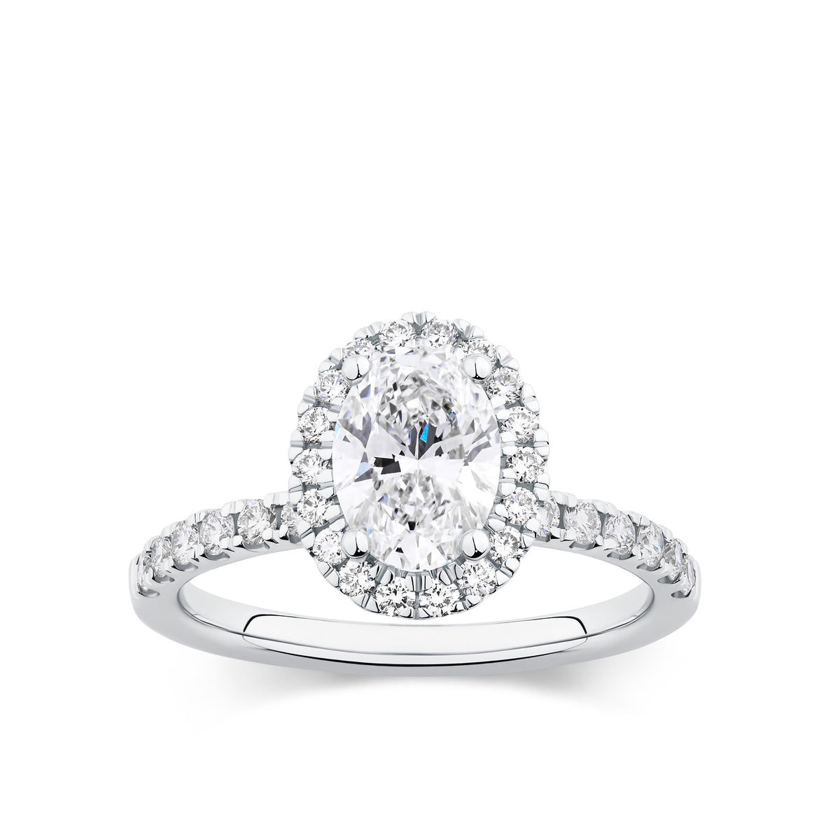 Everlasting 1.79ct TW Oval Lab-Grown Diamond Classic Halo Pave Band Engagement Ring in 18ct White Gold