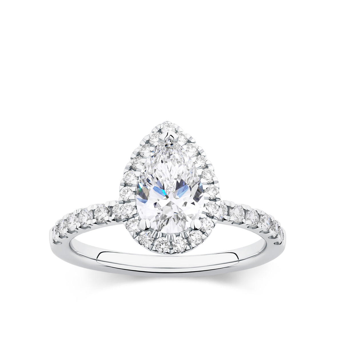 Everlasting 1.79ct TW Pear Lab-Grown Diamond Classic Halo Pave Band Engagement Ring in 18ct White Gold