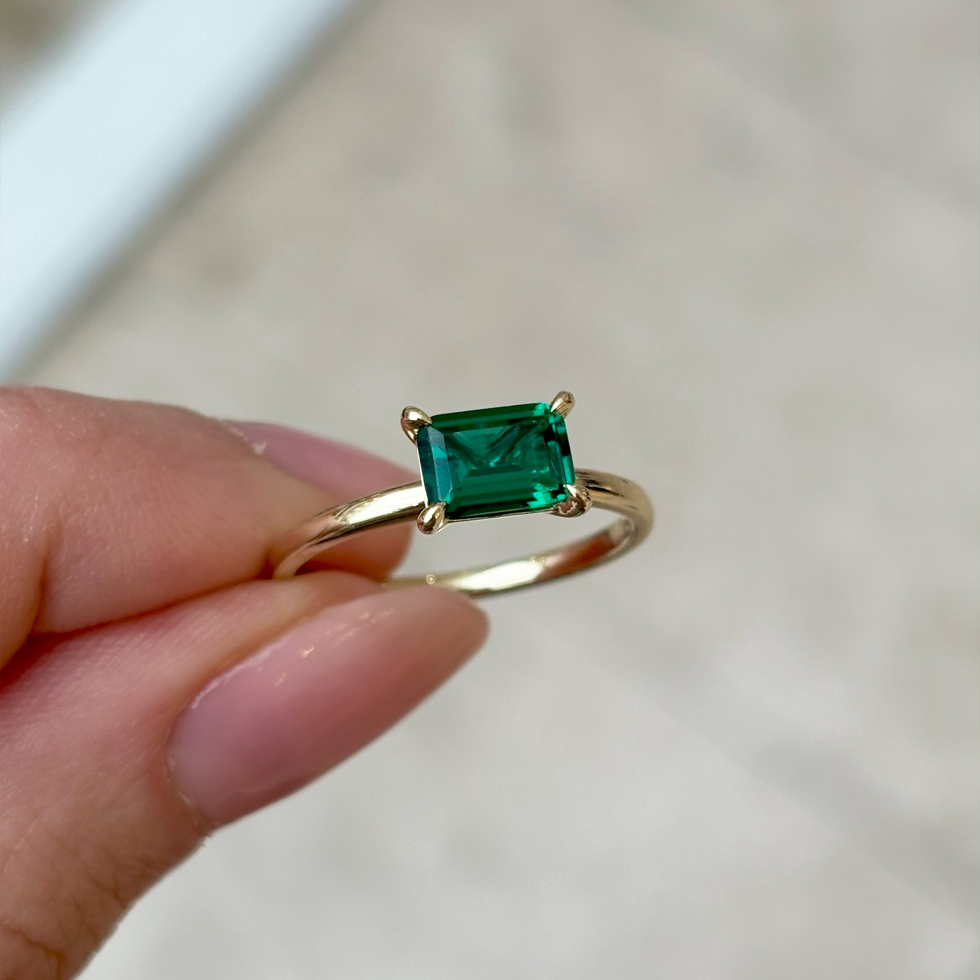 Created Emerald Rectangular Claw Set Ring in 9ct Yellow Gold