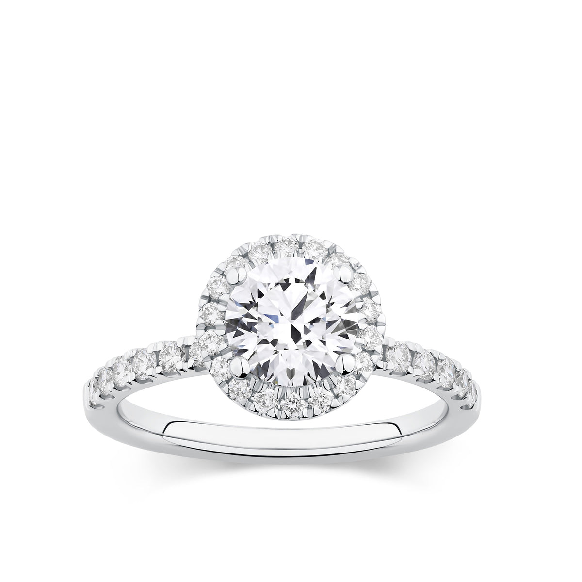 Everlasting 1.79ct TW Round Brilliant Lab-Grown Diamond Classic Halo Pave Band Engagement Ring in 18ct White Gold