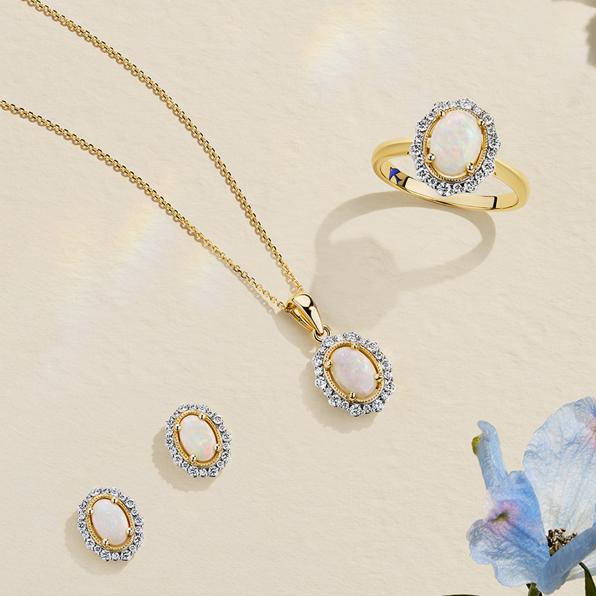 Bluebird™ Solid White Opal & Diamond Pendant with Chain in 9ct Yellow Gold