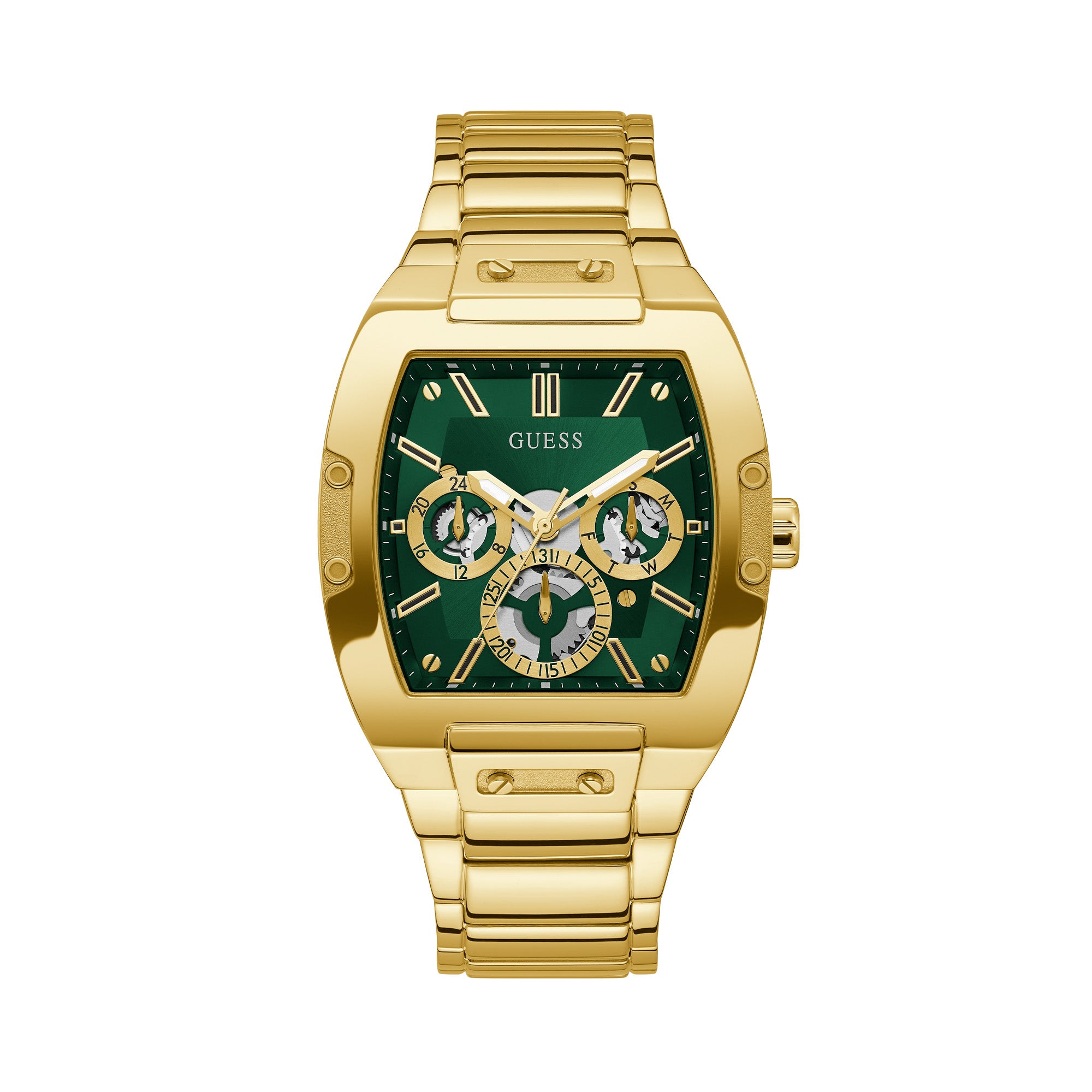 Gold Guess watch with a green dial