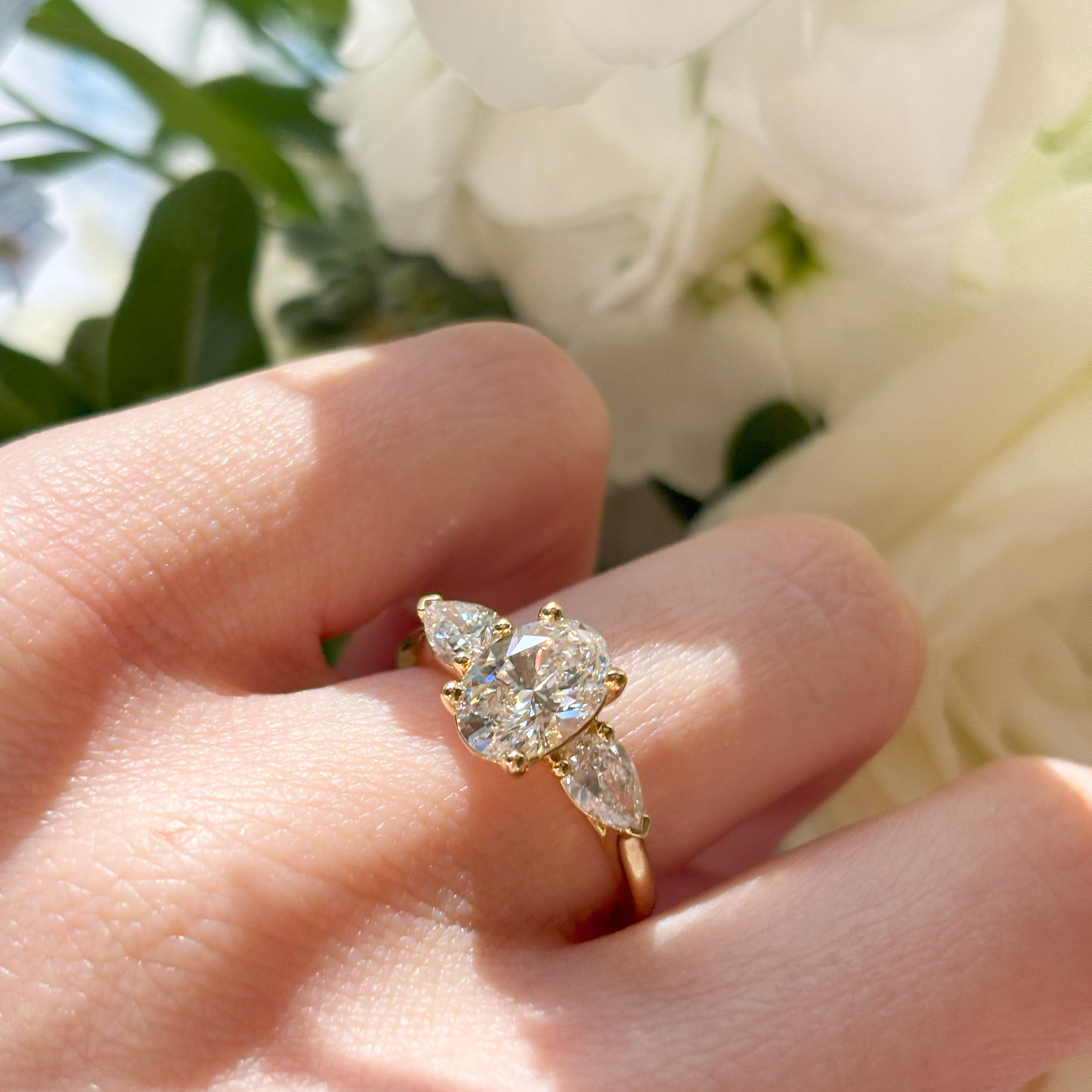 Everlasting 2.10ct TW Oval and Pear Trilogy Lab Grown Diamond Engagement Ring in 18ct Yellow Gold