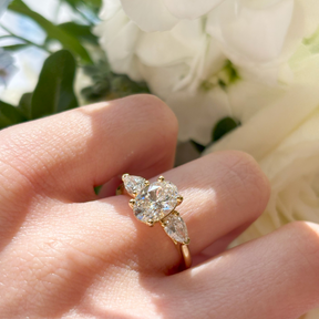 Everlasting 2.10ct TW Oval and Pear Trilogy Lab Grown Diamond Engagement Ring in 18ct Yellow Gold