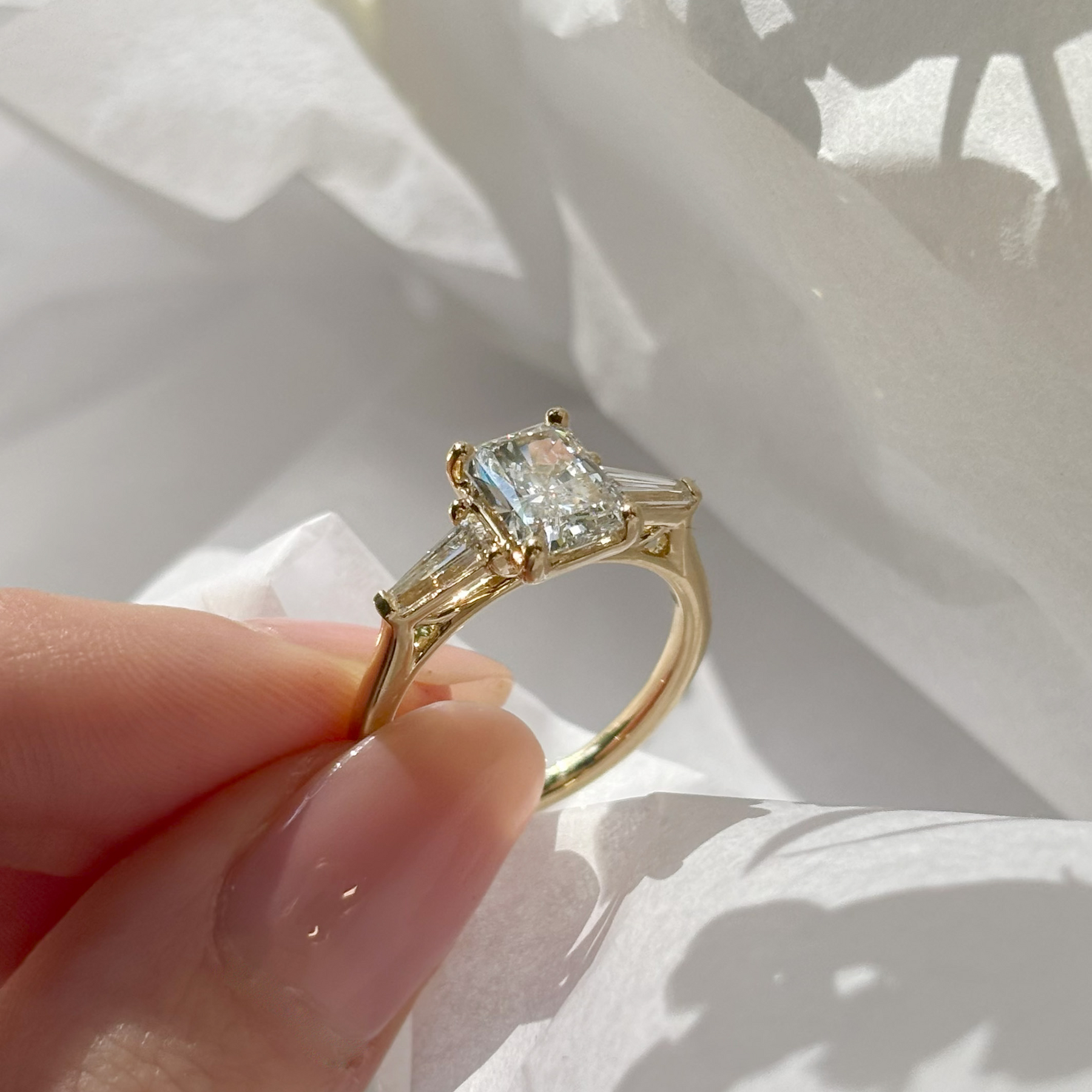 Everlasting 2.00ct TW Radiant and Taper Baguette Trilogy Lab Grown Diamond Engagement Ring in 18ct Yellow Gold