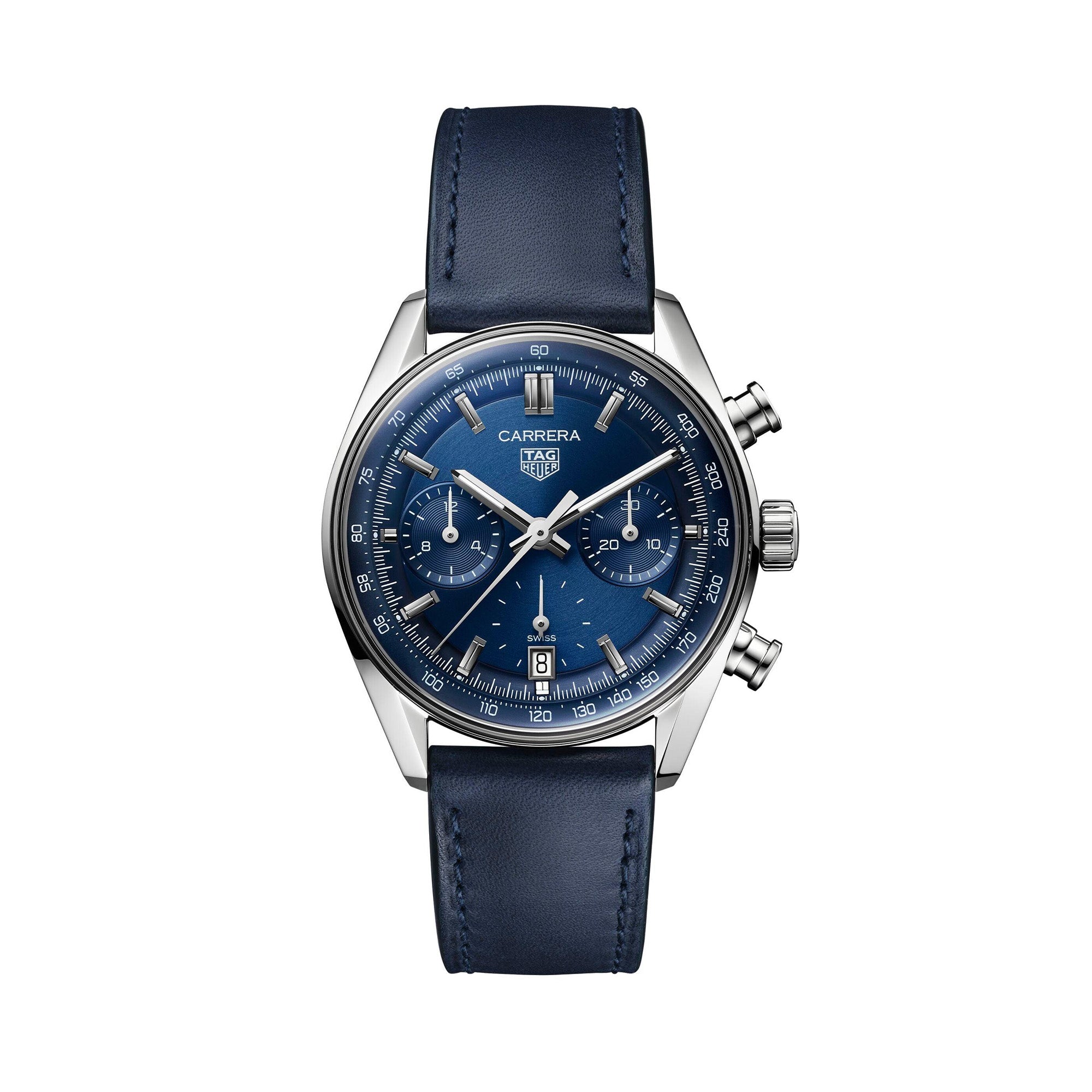 TAG Heuer stainless steel watch with a blue band and blue face
