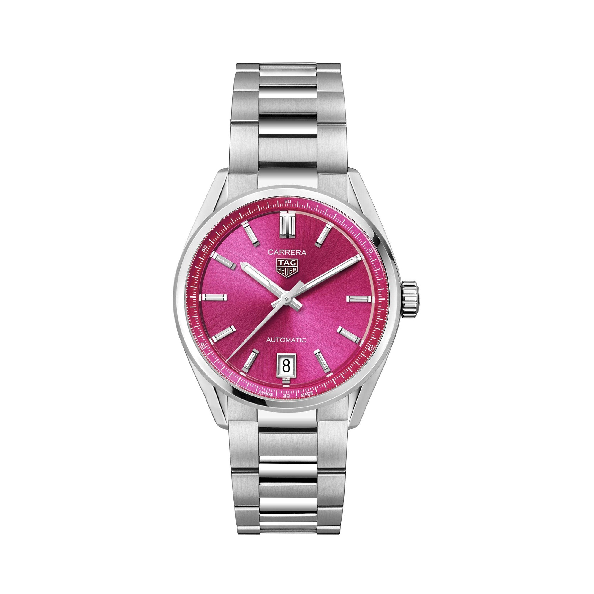 TAG Heuer watch with a pink face and silver bracelet