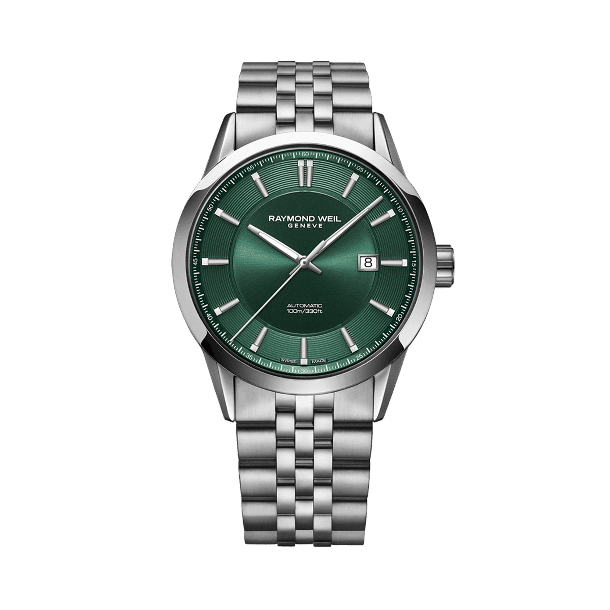 Raymond Weil watch with green dial and silver bracelet 