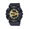 Casio Baby-G BA110X-1A women's watch front view, featuring a 46.3mm all-black round resin case with a deeply layered three-dimensional dial, gear-inspired index markings, analogue hands, and a lower digital LCD display window.