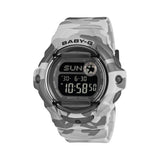 Front-on view of the Casio BABY-G BG169CMB-8D Digital Women's Watch, in a grey camouflage resin case with a metallic ion-plated bezel. The compact round case shape and negative LCD display are shown clearly from this straight-on angle.