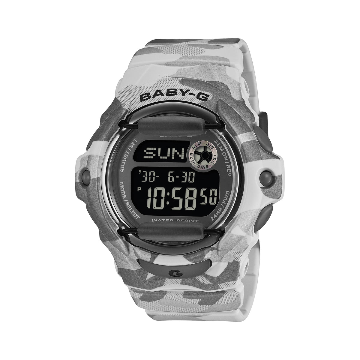Front-on view of the Casio BABY-G BG169CMB-8D Digital Women's Watch, in a grey camouflage resin case with a metallic ion-plated bezel. The compact round case shape and negative LCD display are shown clearly from this straight-on angle.
