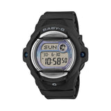 Front-on view of the Casio Baby-G Digital Women's Watch BG169GD-1D, 42mm case, in a matte black resin case and band. The compact round case and digital display are shown clearly from this straight-on angle.