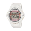 Front-on view of the Casio Baby-G Digital Women's Watch BG169GD-7D, 42mm case, in a matte off-white resin case and band. The compact round case and digital display are shown clearly from this straight-on angle.
