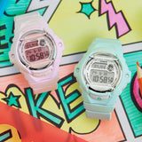 Casio BABY-G BG169U-3D digital watch with green resin band, compact round case, and shock-resistant sporty design and pink matching watch