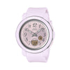 The Casio Baby-G Analogue Digital 41.50mm Women's Watch BGA290SA-6A features a pale purple round resin case with glossy metallic vapour deposition bezel ring, wide 41.5mm dial with metallic Arabic numerals, two analogue hands, and lower digital LCD display — 45.2mm x 41.5mm x 10.1mm, 33 grams.