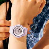 Worn on the wrist, the Casio Baby-G BGA290SA-6A demonstrates the slim, lightweight 33 gram profile of the wide-face BGA-290 — a comfortable, active-ready everyday watch in pale purple.