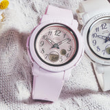 From this angle, the Casio Baby-G BGA290SA-6A reveals the glossy vapour deposition bezel ring shimmer, pale purple resin case depth, and the coordinated metallic Arabic numerals and bezel finish together.