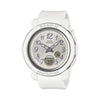The Casio Baby-G Analogue Digital 41.50mm Women's Watch BGA290SA-7A features a soft white round resin case with glossy silver metallic vapour deposition bezel ring, wide 41.5mm dial with silver metallic Arabic numerals, two analogue hands, and lower digital LCD display — 45.2mm x 41.5mm x 10.1mm, 33 grams.