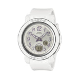 The Casio Baby-G Analogue Digital 41.50mm Women's Watch BGA290SA-7A features a soft white round resin case with glossy silver metallic vapour deposition bezel ring, wide 41.5mm dial with silver metallic Arabic numerals, two analogue hands, and lower digital LCD display — 45.2mm x 41.5mm x 10.1mm, 33 grams.