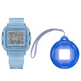 The Casio Baby-G BGD10KG-2D centre case removed from the bezel and inserted into the included customisable silicone holder with acrylic panels — shown as a bag charm or waist accessory with the rotating pixel-art animations visible on the LCD display.