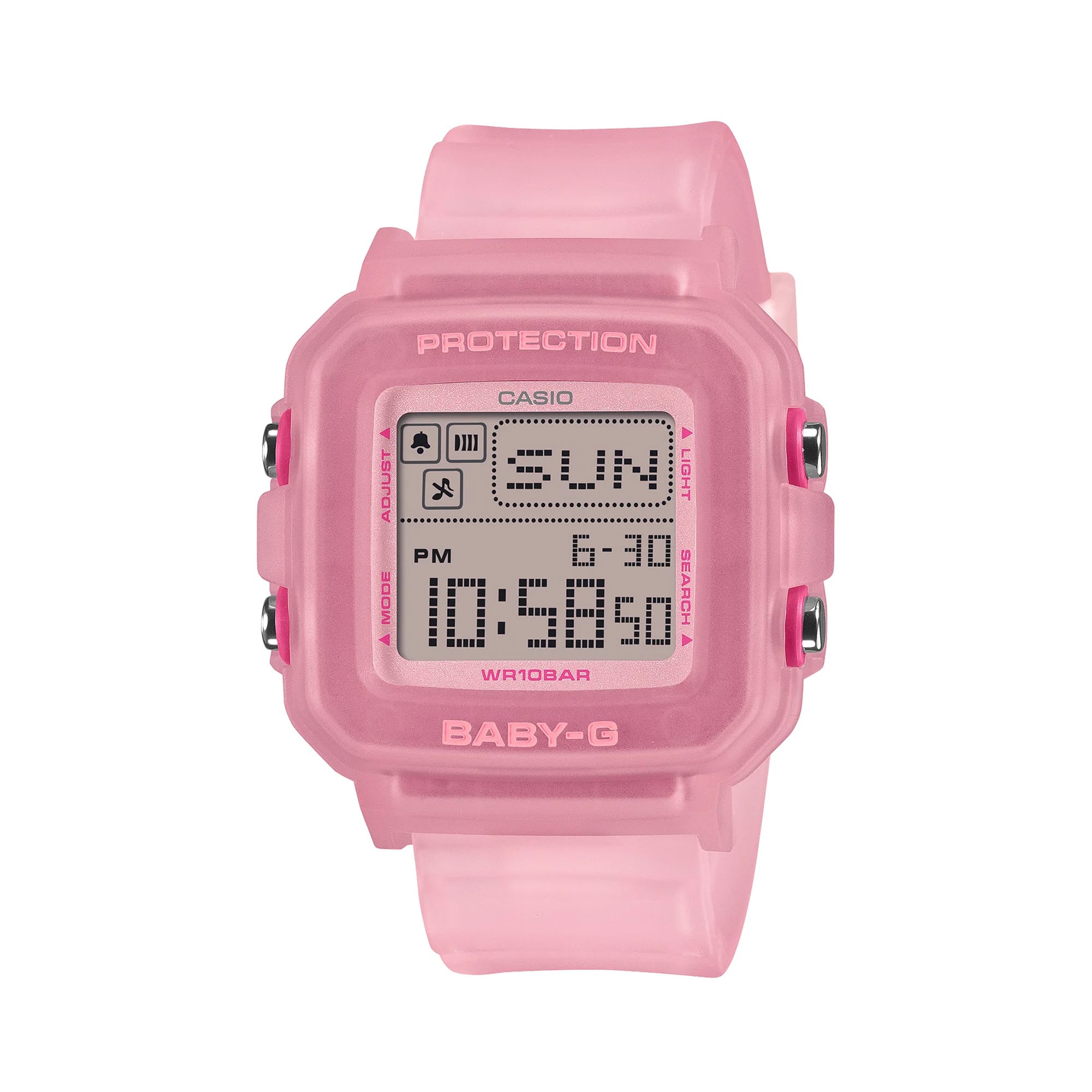 The Casio Baby-G Digital 39mm Women's Watch BGD10KG-4D features a translucent pink glitter square resin case with sparkling embedded glitter, digital LCD display with rotating pixel-art animations, and matching translucent pink glitter band — Baby-G+PLUS convertible design.