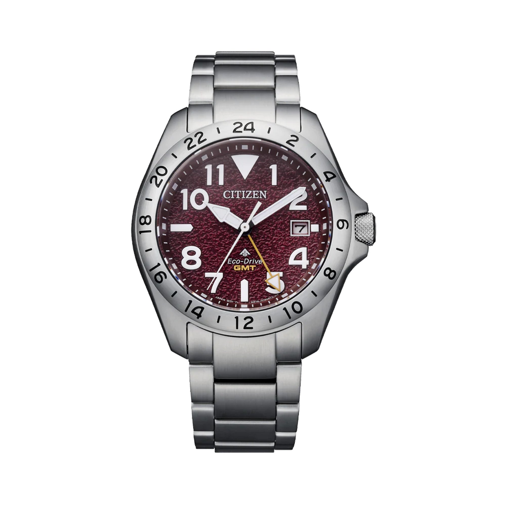 Citizen Promaster GMT BJ7150-50W - The red dial features crisp white markers, orange accents, and a fixed 24-hour GMT bezel for tracking a second time zone. A discreet date window sits at the 3 o'clock position.