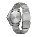 Citizen Promaster GMT BJ7150-50W - The stainless steel bracelet is fitted with a fold-over clasp and push-button release for secure, easy wear. The solid-link construction reflects the watch's rugged, travel-ready design.