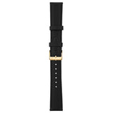 A black leather watch strap with a polished gold buckle, shown vertically against a plain white background.