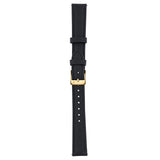 A black leather watch strap with a polished gold buckle, shown vertically against a plain white background.
