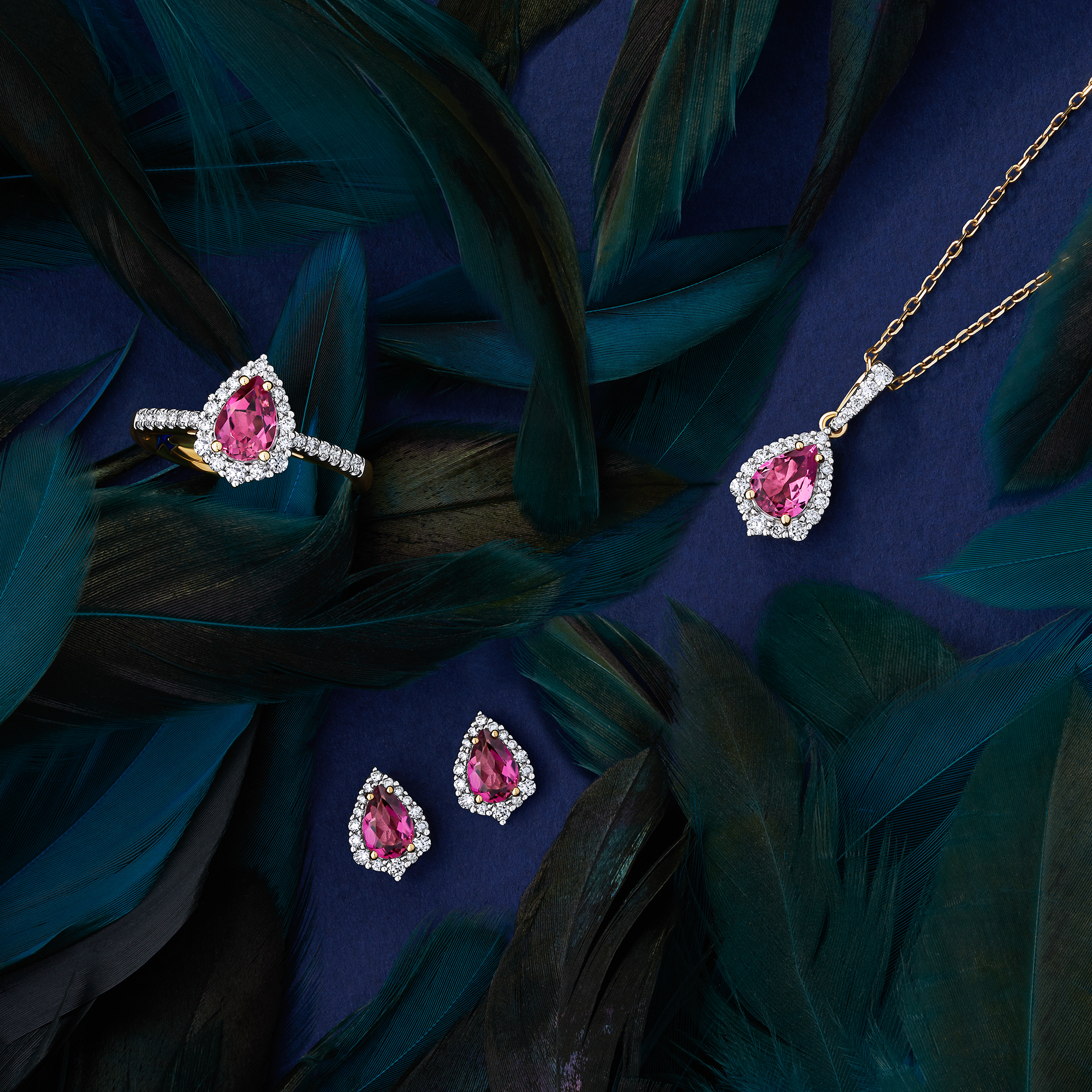 Bluebird™ Pink Tourmaline & 0.19ct TW Diamond Pear Halo Stud Earrings in 9ct Yellow Gold