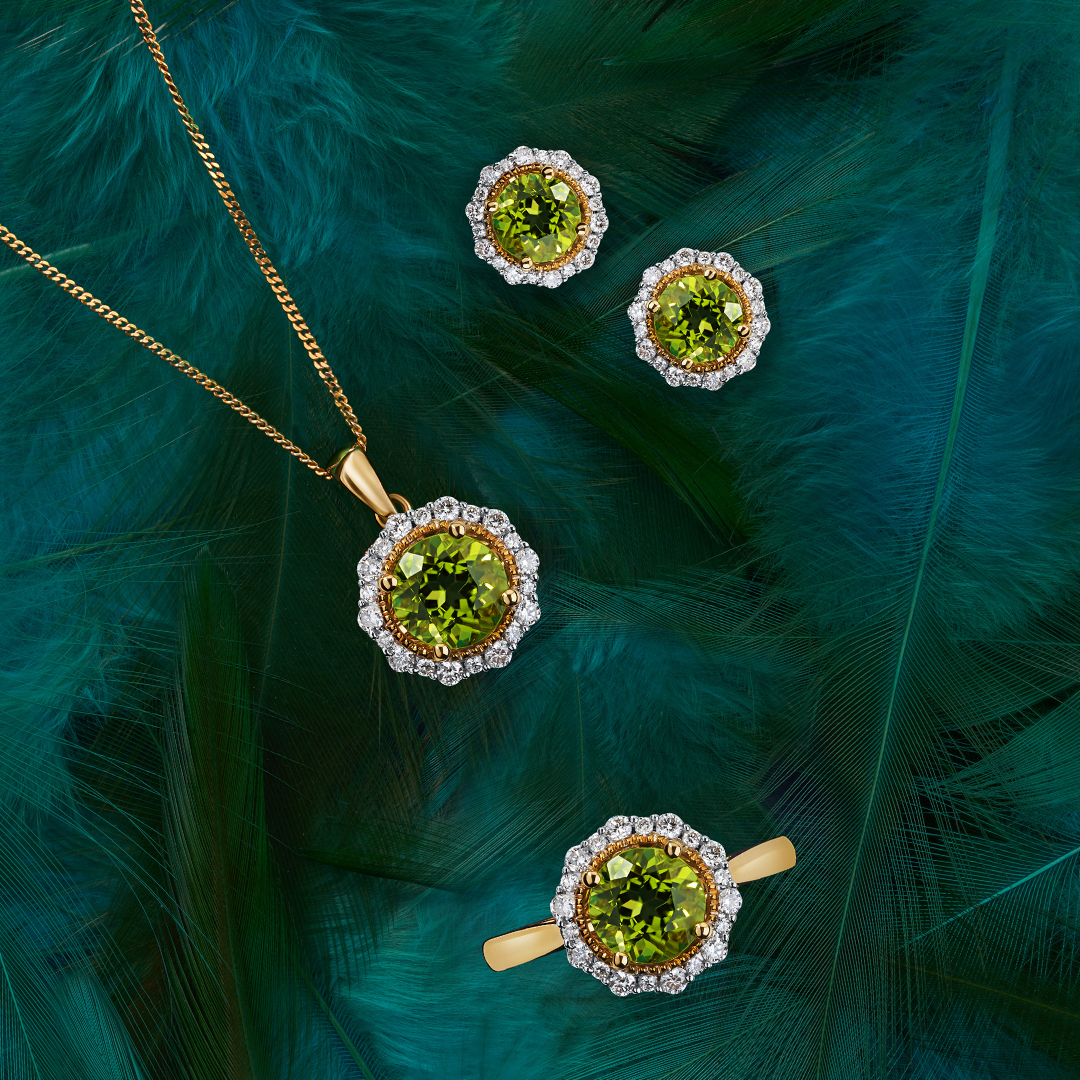 Bluebird™ Peridot & Diamond Halo Stud Earrings in 9ct Yellow Gold