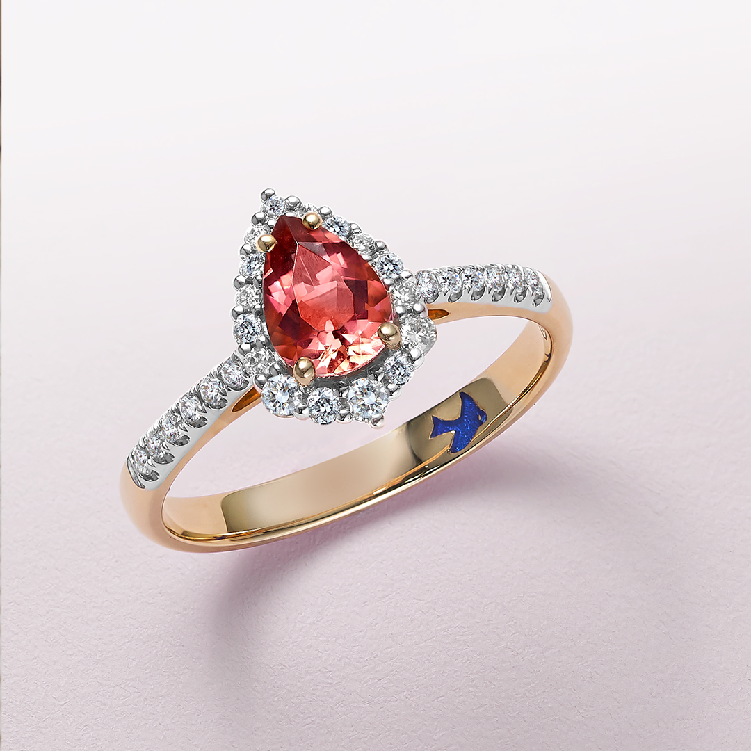 Bluebird™ Pink Tourmaline & 0.25ct TW Diamond Pear Halo Ring in 9ct Yellow Gold