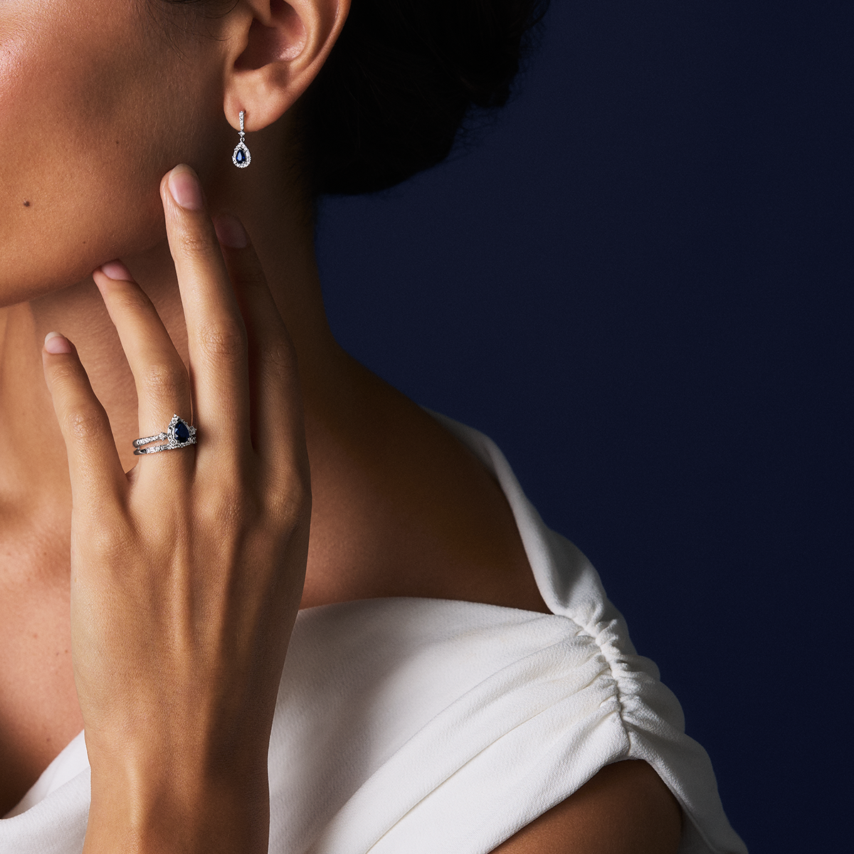 Bluebird™ Sapphire & 0.28ct Diamond Pear Halo Drop Earrings in 9ct White Gold