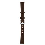 A dark brown leather watch strap with a silver-tone metal buckle, shown vertically against a plain white background.