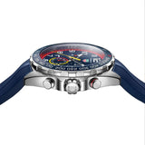 TAG Heuer Formula 1 Chronograph x Red Bull Racing CAZ101AL.FT8052 photographed from a side profile, showing the case thickness and screw-down crown. The blue rubber strap and tachymeter bezel are visible together in frame.