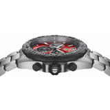 TAG Heuer Formula 1 Chronograph CAZ101AN.BA0842 photographed from a side profile, showing the case thickness and screw-down crown. The steel bracelet and tachymeter bezel are visible together in frame.