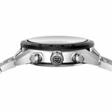 TAG Heuer Carrera Chronograph CBN2A1B.BA0643 photographed from a side profile, showing the domed sapphire crystal and chronograph pusher placement. The steel bracelet and push-pull crown are visible together in frame.