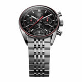 TAG Heuer Carrera Chronograph CBS2114.BA0053 photographed at an angle highlighting the black dial's red-lacquered chronograph hands and domed Glassbox crystal. The steel bracelet curves away from the lugs, showing its link construction.
