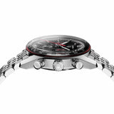 TAG Heuer Carrera Chronograph CBS2114.BA0053 photographed from a side profile, showing the domed Glassbox crystal and round pump push-buttons. The steel bracelet and crown are visible together in frame.