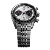 TAG Heuer Carrera Chronograph CBS2216.BA0048 photographed at an angle highlighting the silver dial's Panda bi-compax layout and domed sapphire crystal. The steel bracelet curves away from the lugs, showing its link construction.