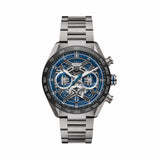 TAG Heuer Carrera Chronograph Extreme Sport CBU2081.BF0007 shown face-on with its openworked dial and blue flange fully visible. The titanium H-shape bracelet is displayed straight down, showing its fine-brushed and sandblasted link pattern.