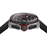 TAG Heuer Formula 1 Chronograph CBZ2082.FT8096 photographed from a side profile, showing the case thickness and DLC-coated screw-down crown. The black rubber strap and chronograph pushers are visible together in frame