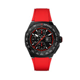 A black TAG Heuer Formula 1 Chronograph watch with a red strap and red accents on the watch face.