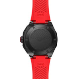 TAG Heuer Formula 1 Chronograph CBZ2085.FT8093 shown from the case-back, displaying the solid black DLC-coated titanium caseback over the Calibre 16 automatic movement. The red rubber strap is visible alongside the case-back detail.
