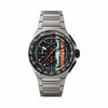 TAG Heuer Formula 1 Chronograph x Gulf CBZ208B.BF0009 shown face-on with its black opalin dial and Gulf's blue and orange stripes fully visible. The titanium bracelet is displayed straight down, showing its sand-blasted link pattern.