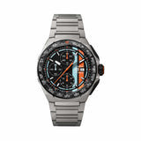 TAG Heuer Formula 1 Chronograph x Gulf CBZ208B.BF0009 shown face-on with its black opalin dial and Gulf's blue and orange stripes fully visible. The titanium bracelet is displayed straight down, showing its sand-blasted link pattern.