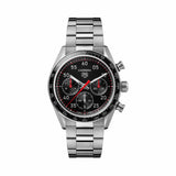 TAG Heuer Carrera Chronograph Sport CDB2110.BA0054 shown face-on with its black opalin dial and azuré subdials fully visible. The H-shaped steel bracelet is displayed straight down, showing its fine-brushed and polished link pattern.
