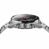 TAG Heuer Carrera Chronograph Sport CDB2110.BA0054 photographed from a side profile, showing the case thickness and steel crown. The steel bracelet and black ceramic bezel are visible together in frame.